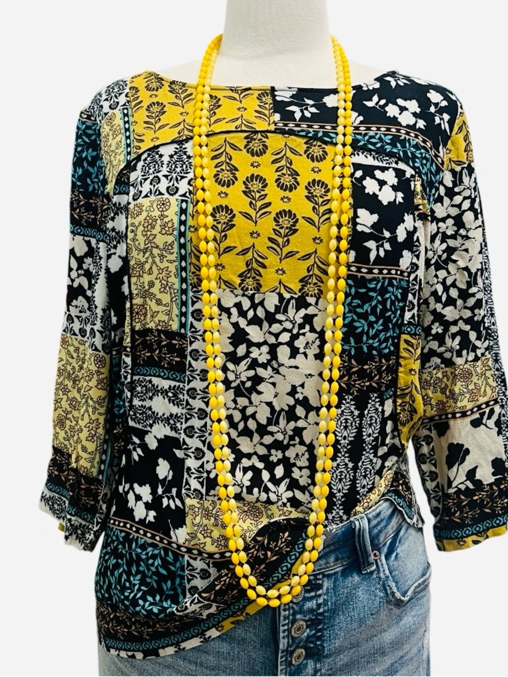 J. Jill Patchwork Floral Boatneck Top in Gold Yellow, Black and Teal